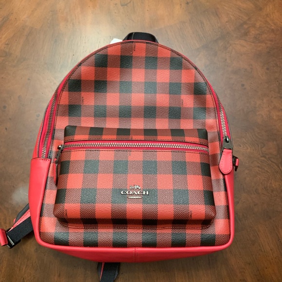 Coach Handbags - MEDIUM CHARLIE BACKPACK GINGHAM PRINT 
RUBY/BLACK